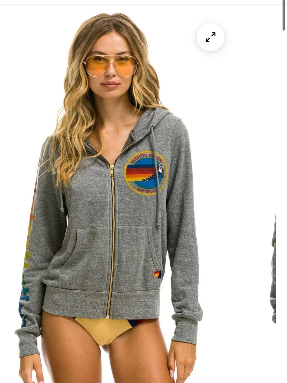 Aviator Nation Gray Zip Hoodie with Rainbow Patch and Sleeve Stripes